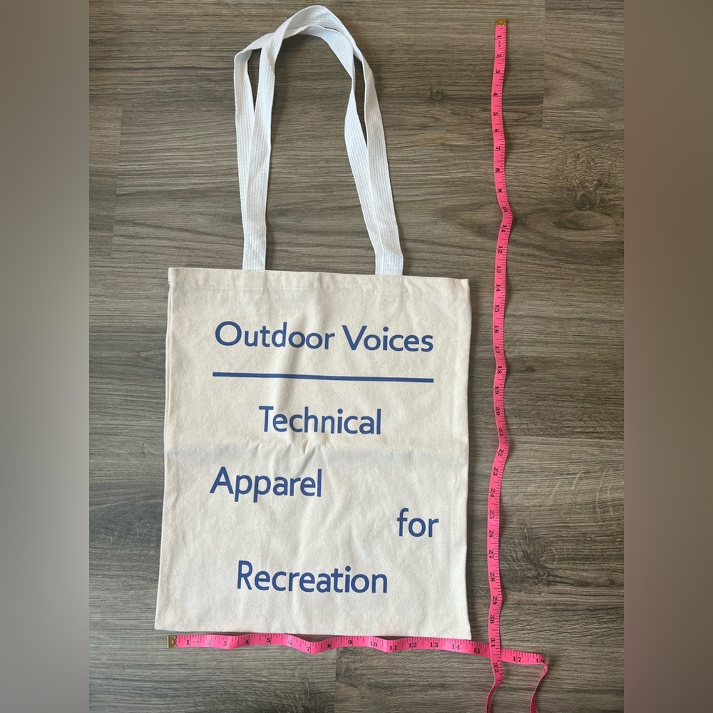 NWOT Outdoor Voices 100% Cotton Natural Canvas Tote w/ Blue Text & White Straps